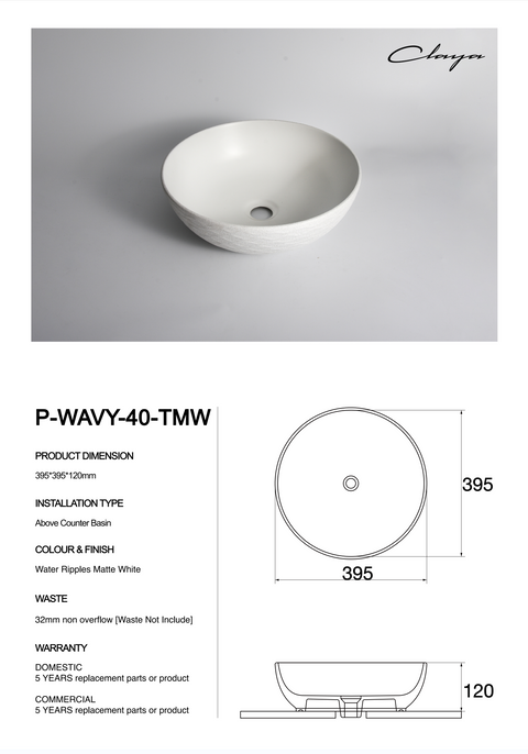 Claya - Polar 40 Wavy Textured Bowl Basin, Matte White