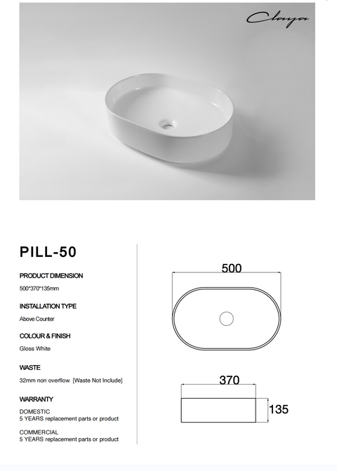 Claya - Pill 50 Pill-Shaped Basin, Gloss White, 500mm