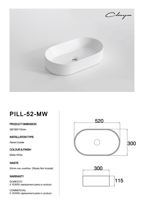 Claya - Pill-52-MW Pill Shaped Basin, Matte White