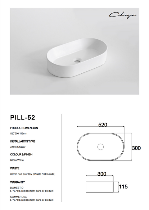 Claya - Pill-52 Pill Shaped Basin, Gloss White