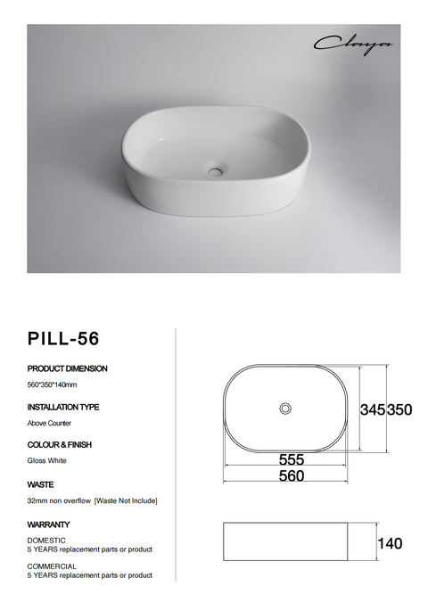 Claya - Pill-56 Pill Shaped Basin, Gloss White
