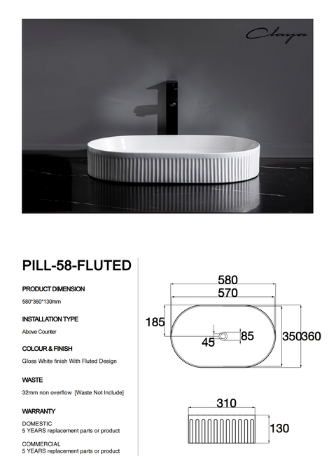 Claya - Pill-58-fluted Pill Shaped Basin, Gloss White