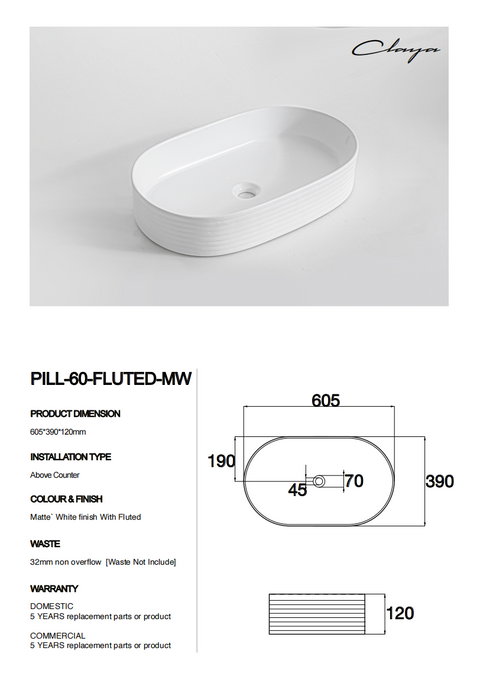 Claya - Pill 60 Fluted Pill-Shaped Basin, Matte White