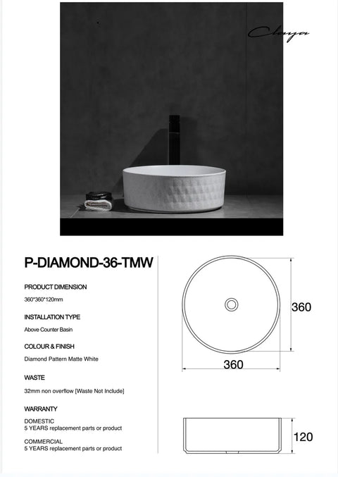 Claya -  Round Textured Matte White Diamond Ceramic Basin