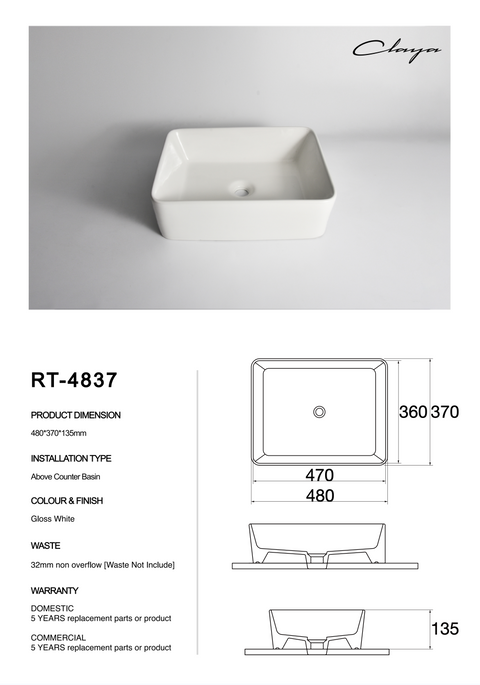 Claya - RT-4837 Rectangular Basin, Gloss White