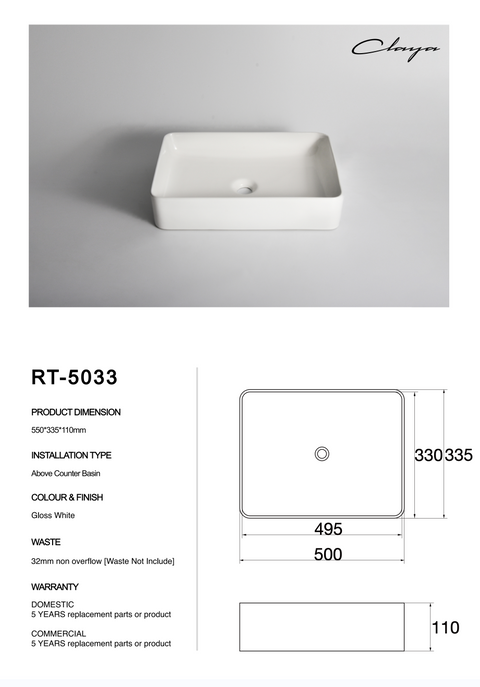 Claya - RT-5033 Rectangular Basin, Gloss White