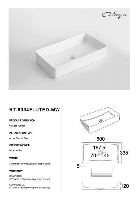 Claya - RT-6034 Fluted Rectangular Basin, Matte White