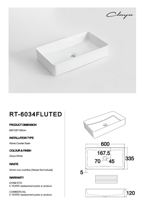 Claya - RT-6034-Fluted - Rectangular Basin, Gloss White
