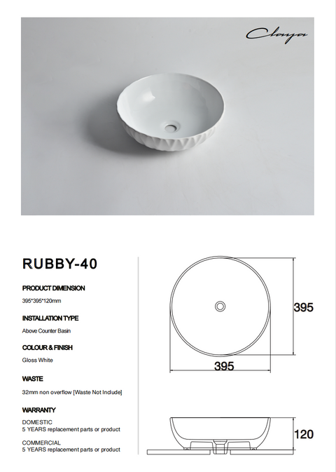 Claya - Ruby-40 Bowl Shaped Basin, Gloss White