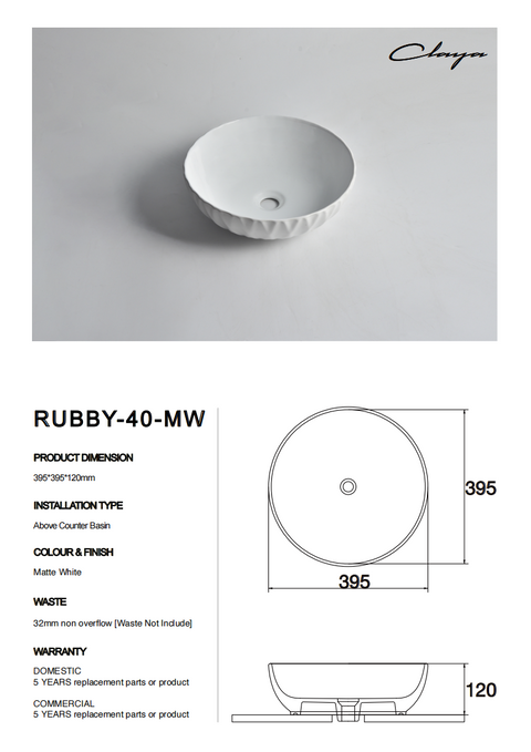 Claya - Ruby 40 Matte White Bowl-Shaped Basin, 395mm