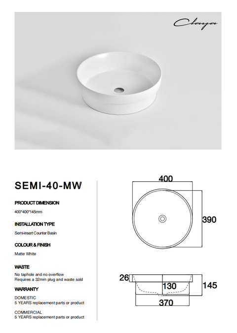 Claya - Semi-40-MW Semi Insert Basin, Matte White