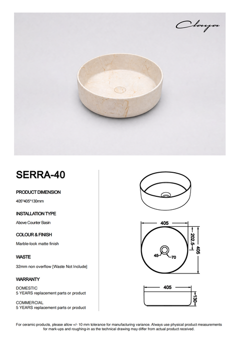 Claya - Serra 40 Round Basin, Matte Stone-Look Ceramic Above-Counter