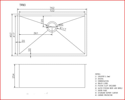 Chrome Stainless Steel Single Bowl Kitchen Sink 762x457x254mm dimensions