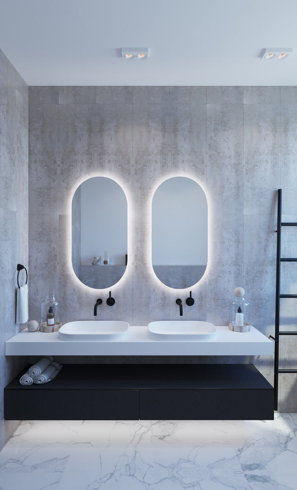 Backlit Pill Shape Mirror with Cool Light 500x1000x45mm 61Watts - Includes Mirror Demister