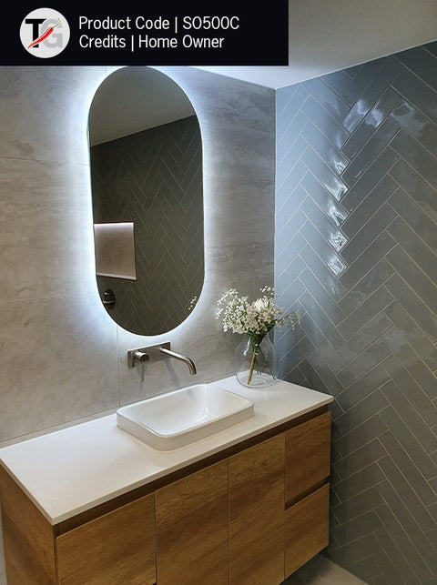 Backlit Pill Shape Mirror with Cool Light 500x1000x45mm 61Watts - Includes Mirror Demister