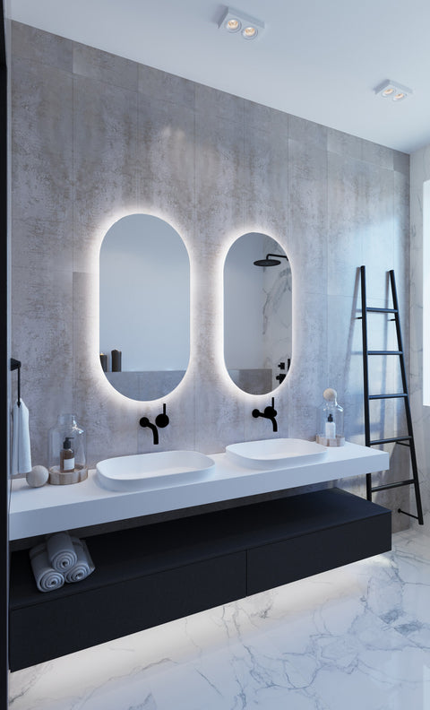 Backlit Pill Shape Mirror with Cool Light 500x1000x45mm 61Watts - Includes Mirror Demister