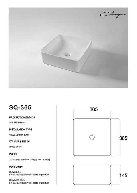 Claya - SQ-365 Square Basin, Gloss White, 365mm