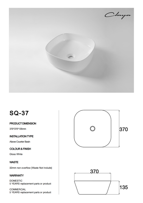 Claya - SQ-37 Square Basin, Gloss White
