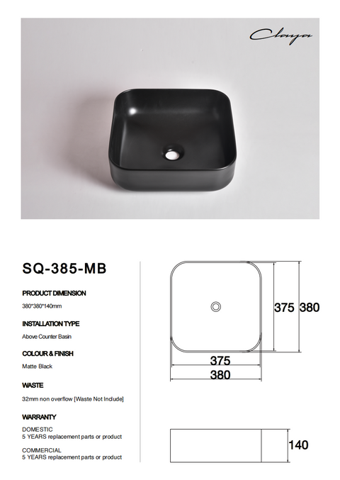 Claya - SQ-385-MB Square Basin, Matte Black