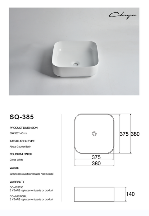 Claya - SQ-385 Square Basin, Gloss White