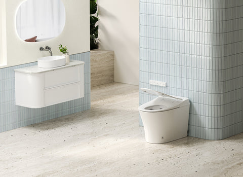 Lafeme Neovanta cisternless smart toilet in a contemporary bathroom