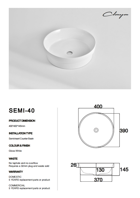 Claya - SEMI-40 Semi Insert Basin, Gloss White