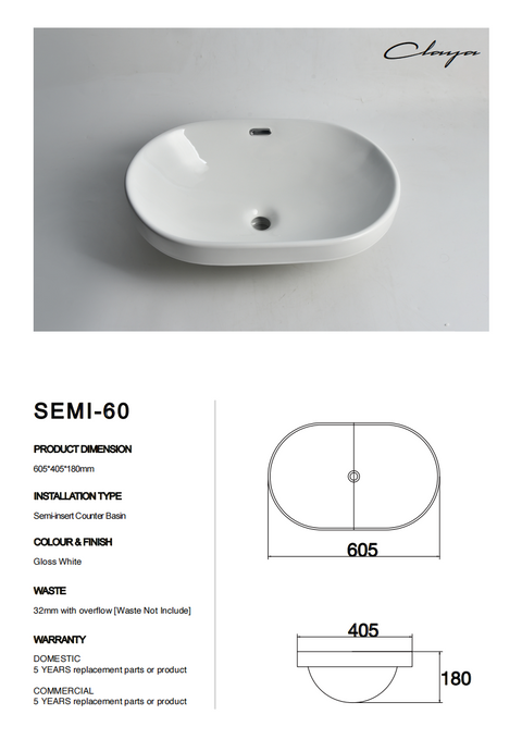 Claya - SEMI-60 Semi Insert Basin, Gloss White