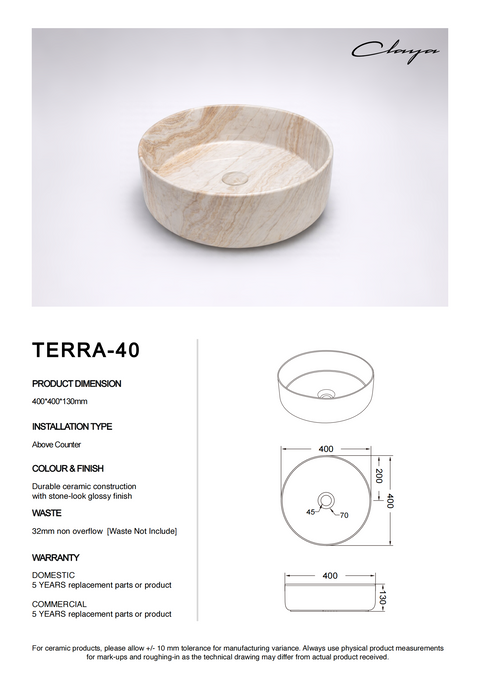 Claya - Terra 40 Round Basin, Gloss Stone-Inspired Ceramic 400mm