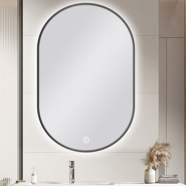 Aqua Perla - Carysil Oval 3 Color Lighting Gun Metal Grey Framed Backlit LED Mirror Touch Sensor Switch Defogger Pad 600*900mm