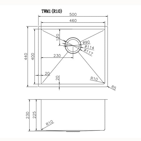 Chrome Stainless Steel Single Bowl Kitchen Sink 500x440x230mm dimensions