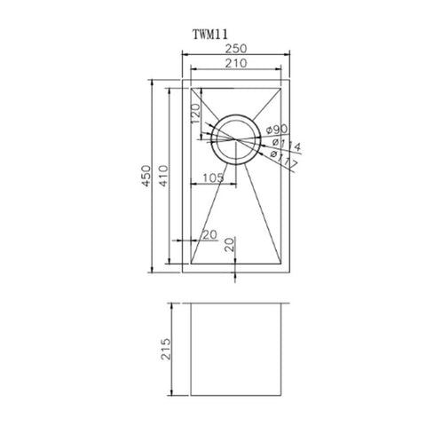 Chrome Stainless Steel Single Bowl Kitchen Sink 250x450x215mm dimensions