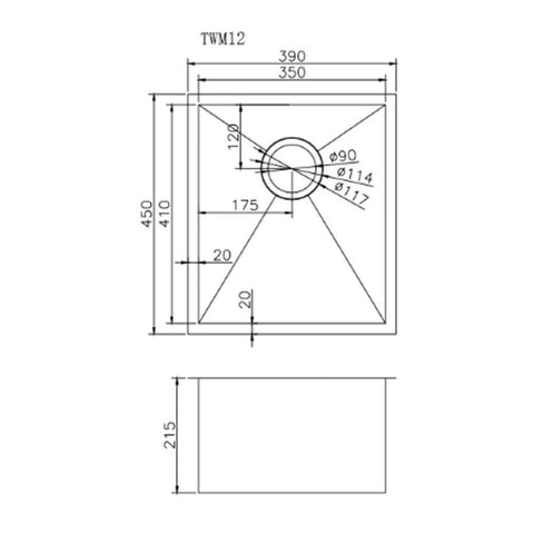 Chrome Stainless Steel Single Bowl Kitchen Sink 390x450x215mm dimensions