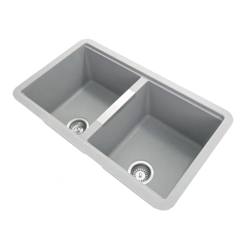 Concrete Grey Carysil Granite Double Bowl Kitchen Sink 824x481x241mm