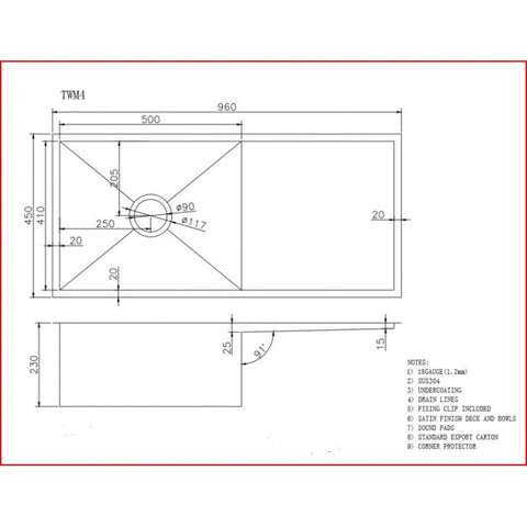 Chrome Stainless Steel Single Bowl Kitchen Sink 960x450x230mm dimensions