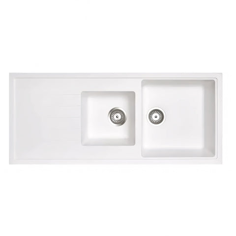 White Carysil Granite 1 & 1/2 Bowl Kitchen Sink 1160x500mm