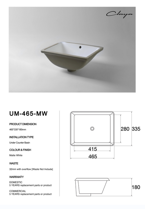 Claya - UM-465 Matte White Undermount Basin, 465 x 335mm