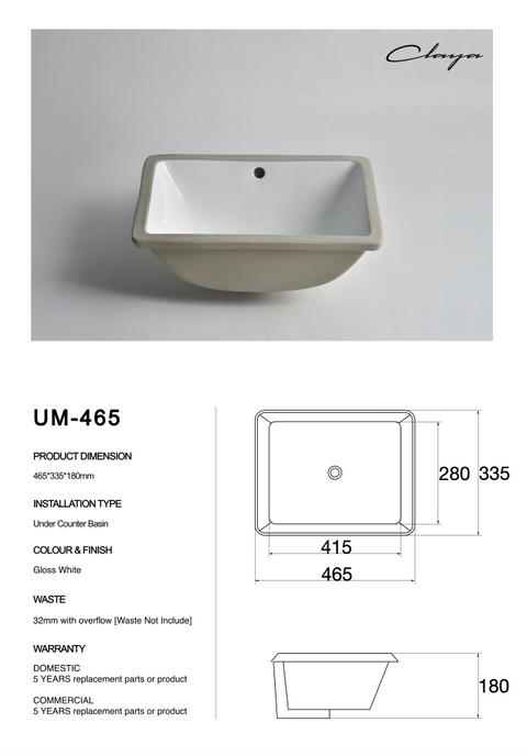 Claya - UM-465 Undermount Basin, Gloss White