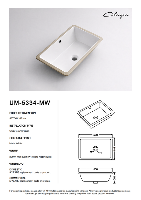 Claya - UM-5334 Matte White Undermount Basin, 530 x 340mm Ceramic