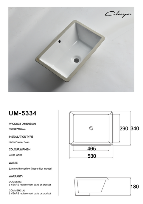 Claya - UM-5334 Undermount Basin, Gloss White