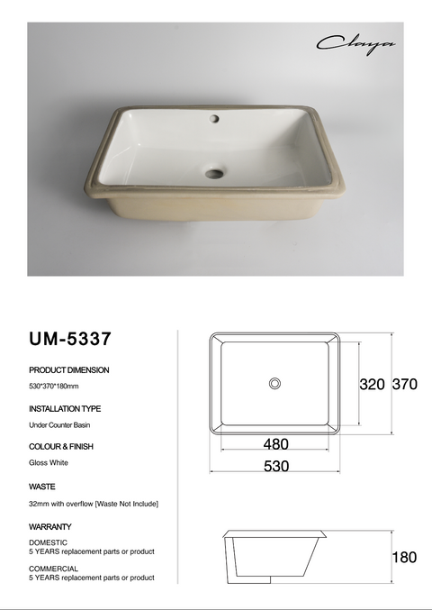 Claya - UM-5337 Undermount Basin, Gloss White