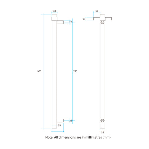 Thermogroup -  Matte Black Square Vertical Single Bar Heated Towel Rail W142xH900xD100mm