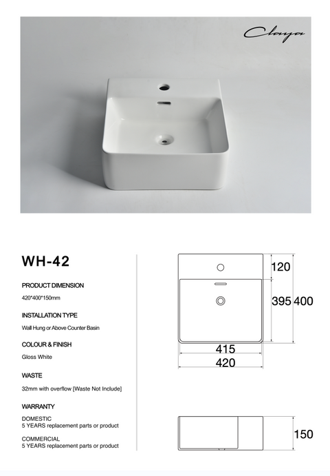 Claya - WH-42 Wall Hung Basin, Gloss White