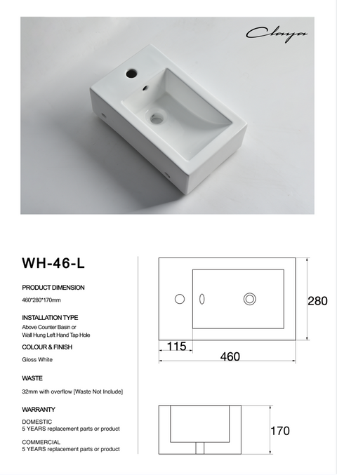 Claya - WH-46-L Wall Hung Basin, Gloss White