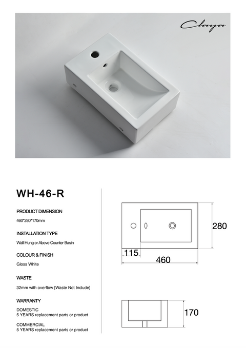 Claya - WH-46-R Wall Hung Basin, Gloss White