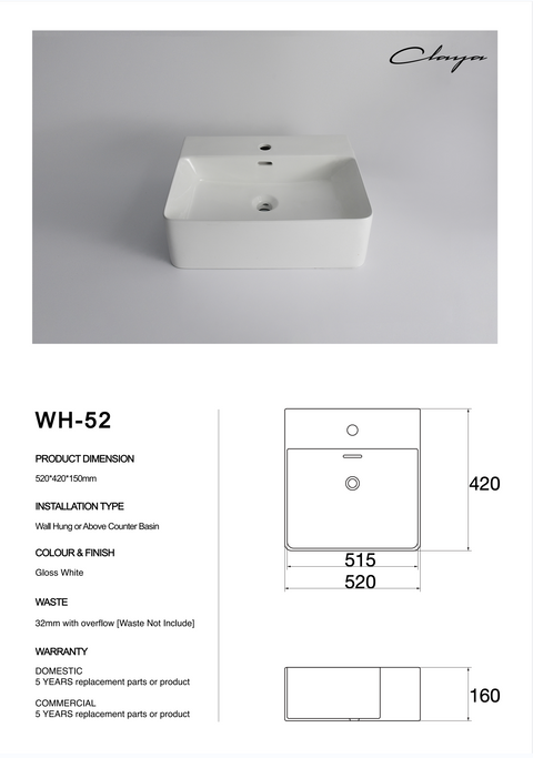 Claya - WH-52 Wall Hung Basin, Gloss White