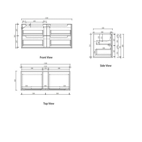 Aulic Ainsley 1200mm wall hung vanity dimensions diagram