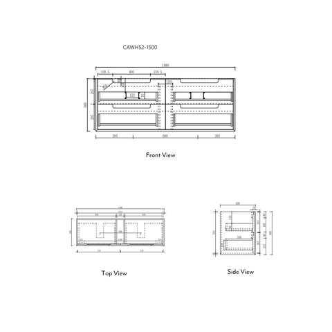 Aulic Ainsley 1500mm wall hung vanity dimensions diagram