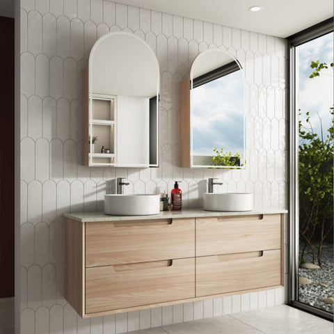 Close-up styling shot of the Aulic Ainsley 1500mm wall hung vanity