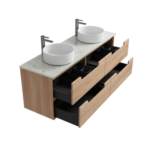 Open drawers of the Aulic Ainsley 750mm wall hung vanity showing the graphite interior