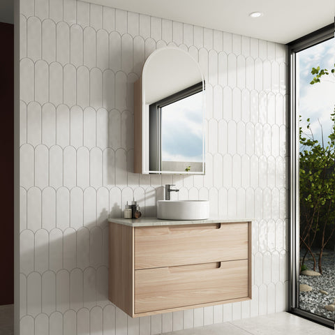 Aulic Ainsley 900mm wall hung vanity shown in a finished bathroom